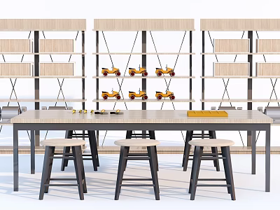 Modern Dining Table With Stools And Wooden Shelves Displaying Yellow Items 3d model