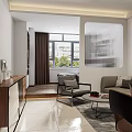 Modern Minimalist Bedroom Living Area With Wall Art Sofa And Chair