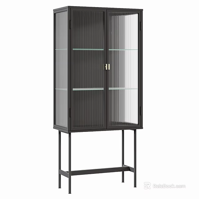 Modern Decorative Cabinet With Black Frame Glass Doors Shelves And Metal Stand 3d model 