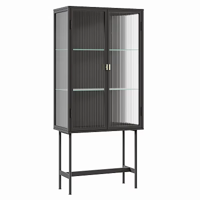 Modern Decorative Cabinet With Black Frame Glass Doors Shelves And Metal Stand 3d model