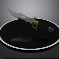 Decorative Weapon Knife With Intricate Blade Design Black And Gold Handle On Circular Display Platform