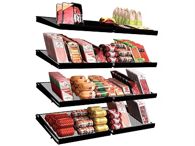 Organized Packaged Food Products on Multiple Retail Shelves with Various Varieties 3d model