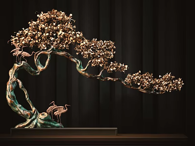Ornamental Decor Set With Golden Leaf Tree And Crane Figurines For Home Decor 3d model