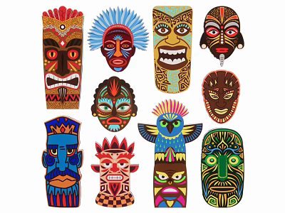 Colorful Ethnic Style Mask Ornaments with Vivid Facial Expressions and Traditional Patterns for Home Decor 3d model