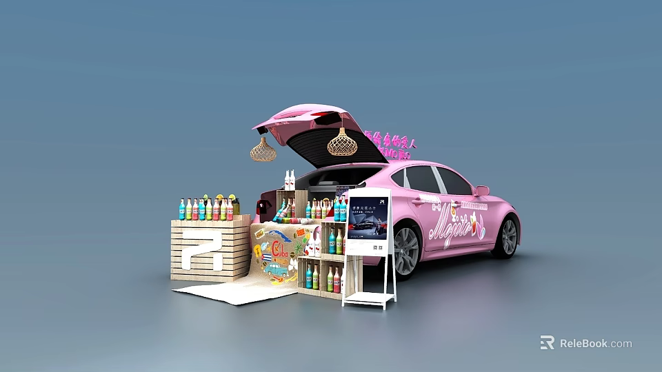 Pink Car With Open Trunk Featuring Cosmetics Skincare Products Display Shelves And Hanging Lamps 3d model 
