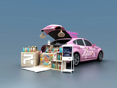 Pink Car With Open Trunk Featuring Cosmetics Skincare Products Display Shelves And Hanging Lamps 3d model