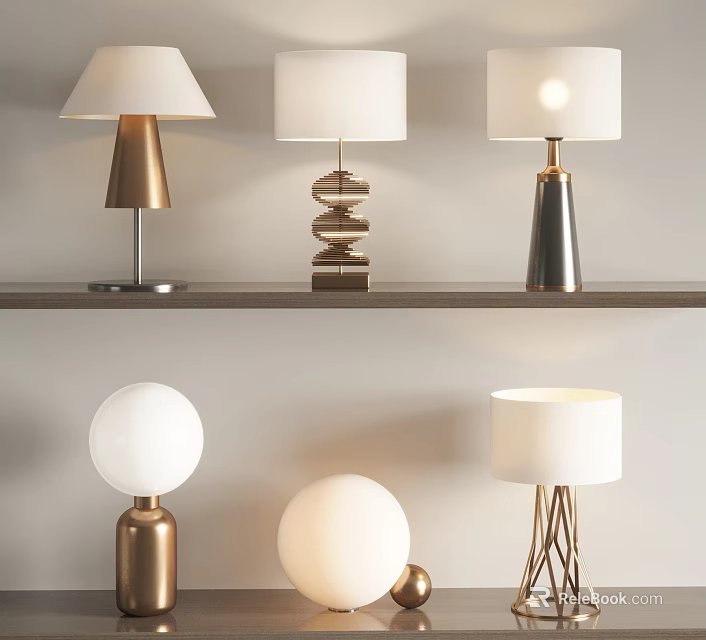Various Modern Table Lamps Featuring Metal Bases And White Lampshades On Shelf 3d model 