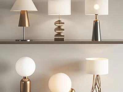 Various Modern Table Lamps Featuring Metal Bases And White Lampshades On Shelf 3d model
