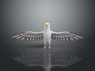 White Seagull with Spread Wings Standing on Black Surface and Showing Clear Reflection 3d model