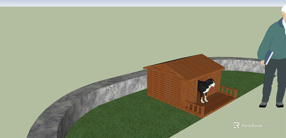 Garden Ornament Wooden Dog House With Stone Wall Green Grass And Dog On Porch 3d model 