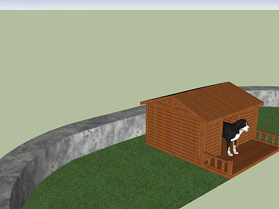 Garden Ornament Wooden Dog House With Stone Wall Green Grass And Dog On Porch 3d model