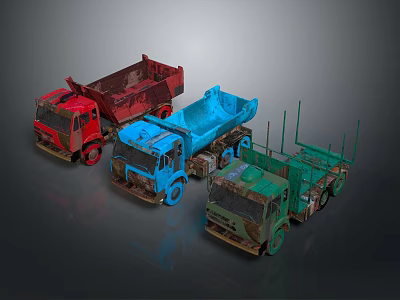 Three Colorful Construction Trucks Featuring Red Blue Green Dump And Flatbed Models 3d model