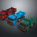 Three Colorful Construction Trucks Featuring Red Blue Green Dump And Flatbed Models