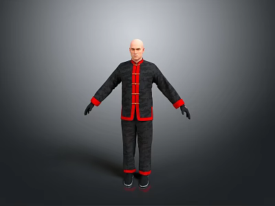 Bald Man in Black and Red Chinese Style Clothing Standing with Arms Outstretched 3d model