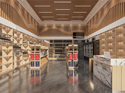 Modern Tobacco And Alcohol Store Interior With Shelves Wines Coolers And Marble Counter 3d model