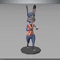 3D Rabbit Character In Blue Red Outfit With Hat Holding Golden Object On Gray Base