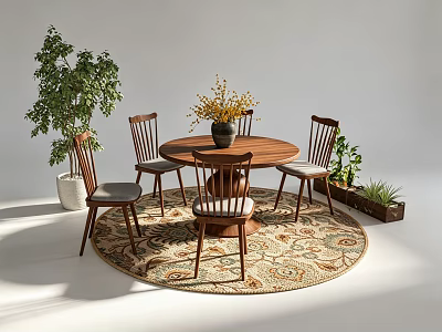 Wooden Lounge Chair With Gray Cushion In Indoor Area With Green Plants And Round Rug 3d model