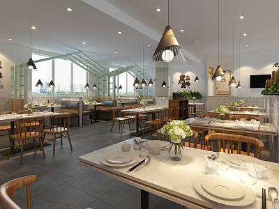 Modern Restaurant Interior With Wooden Tables Chairs Pendant Lights Tableware And Flower Vases 3d model