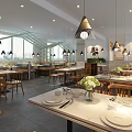 Modern Restaurant Interior With Wooden Tables Chairs Pendant Lights Tableware And Flower Vases