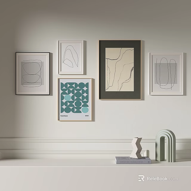 Modern Wall Decor With Framed Artworks Geometric Patterns And Sculptural Objects 3d model