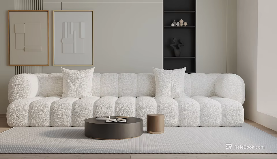 White Plush Three-Seater Sofa with Round Coffee Table Brown Side Table and Gray Rug 3d model 