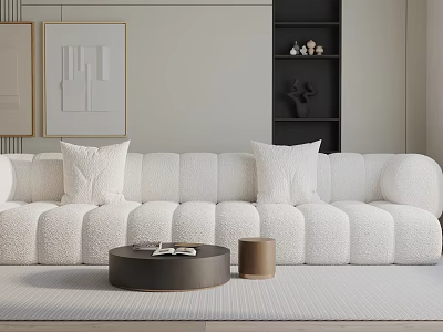 White Plush Three-Seater Sofa with Round Coffee Table Brown Side Table and Gray Rug 3d model