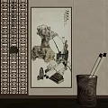 Traditional Chinese Interior Decor With Carved Screen Painting Brushes And Scrolls