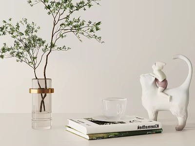 Decorative Ornament Set With Clear Vase Green Plant Gold Ring Cat Figurine And Magazine 3d model
