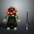 Turtle Humanoid Character With Green Spotted Skin Red Ball Necklace Black Pants And Spear Beside