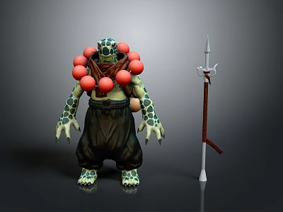 Turtle Humanoid Character With Green Spotted Skin Red Ball Necklace Black Pants And Spear Beside 3d model