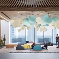 Modern Lounge Area With Pastel Spherical Pendant Lights Large Windows And People Relaxing