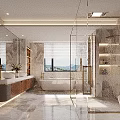 Luxurious Modern Bathroom Interior With Marble Walls Bathtub Glass Shower And Natural Light