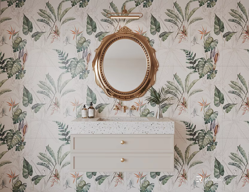 Elegant Bathroom Washbasin With Golden Oval Mirror And Green Leaf Floral Wallpaper 3d model 