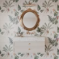 Elegant Bathroom Washbasin With Golden Oval Mirror And Green Leaf Floral Wallpaper