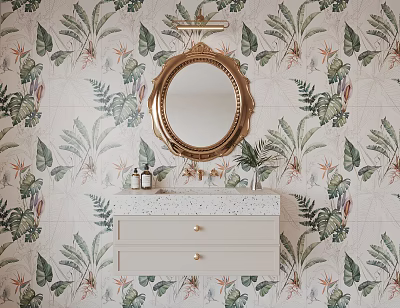 Elegant Bathroom Washbasin With Golden Oval Mirror And Green Leaf Floral Wallpaper 3d model