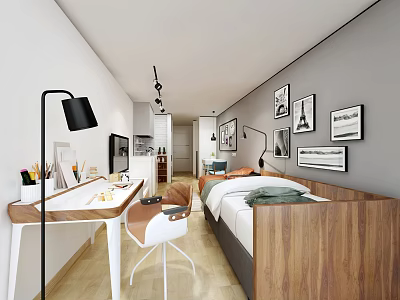 Modern Studio Apartment With Wooden Bed White Desk Wall Art And Floor Lamp 3d model