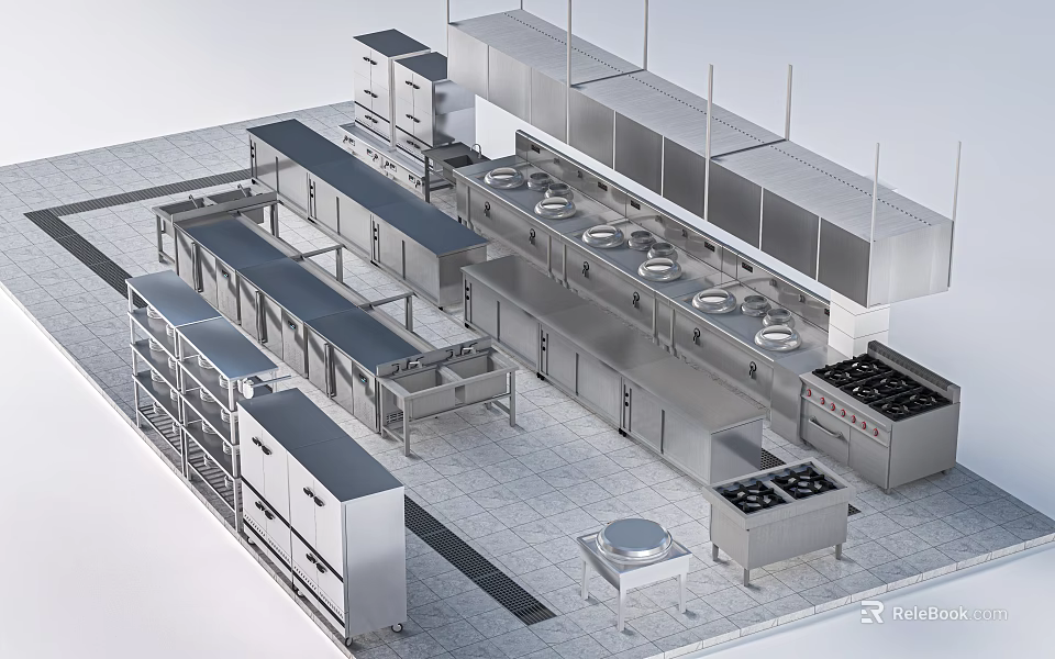 Commercial Stainless Steel Kitchenware With Multiple Stoves Storage Racks And Worktables 3d model 