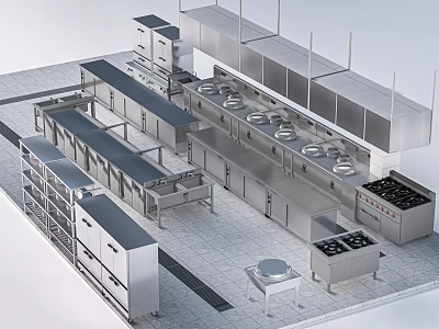 Commercial Stainless Steel Kitchenware With Multiple Stoves Storage Racks And Worktables 3d model