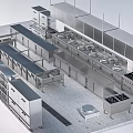 Commercial Stainless Steel Kitchenware With Multiple Stoves Storage Racks And Worktables