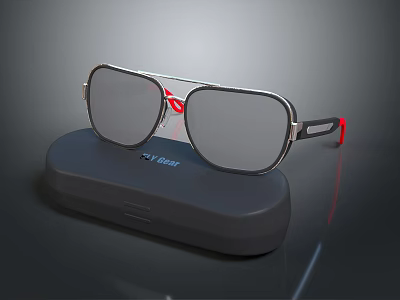 Stylish Modern Sunglasses With Silver Frame Red Accents And Gray Lenses On Black Case 3d model