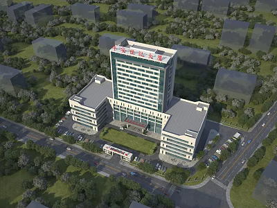 Aerial View of Modern Office Building with Greenery and Parking and Main Tower Annex Wings 3d model