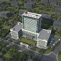 Aerial View of Modern Office Building with Greenery and Parking and Main Tower Annex Wings