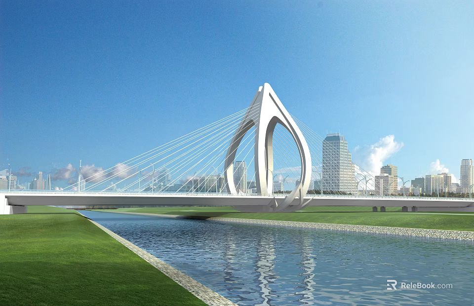 Modern Unique Shaped Bridge Over River With Green Grass And City Skyline 3d model 