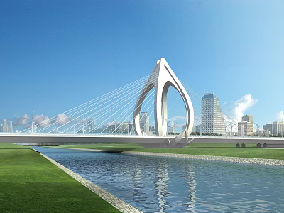 Modern Unique Shaped Bridge Over River With Green Grass And City Skyline 3d model