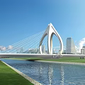 Modern Unique Shaped Bridge Over River With Green Grass And City Skyline