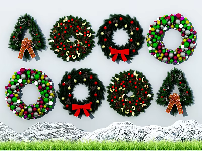 Festive Christmas Wreaths And Small Trees With Snowy Mountain Background 3d model