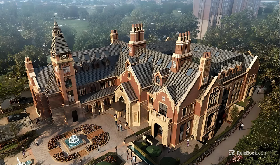 Elegant Gothic Sales Office Building With Red Brick Exterior Tower Structure And Lawn Fountain 3d model 