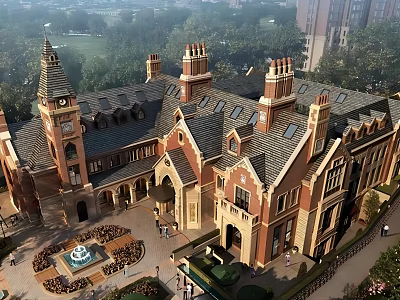 Elegant Gothic Sales Office Building With Red Brick Exterior Tower Structure And Lawn Fountain 3d model