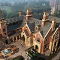 Elegant Gothic Sales Office Building With Red Brick Exterior Tower Structure And Lawn Fountain