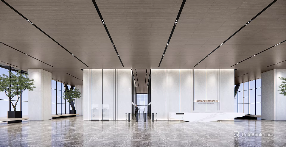 Modern Reception Hall Minimalist Design With Marble Floor Glass Partition And Green Plants 3d model 